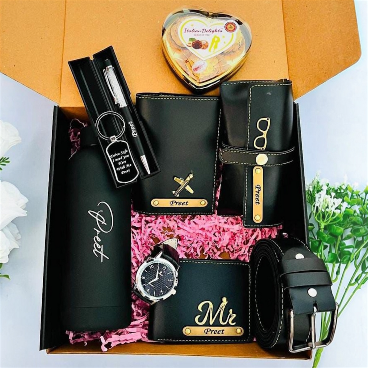 Jianora’s Signature Gentleman Gift Box – Personalized Wallet, Watch, Bottle & Travel Essentials