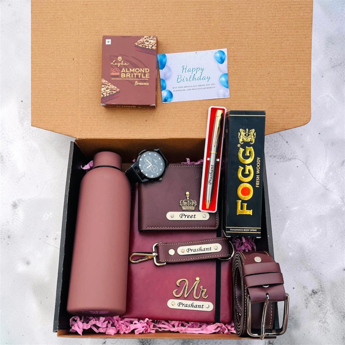 Jianora’s Premium Personalized Gift Hamper for Him – Luxury Wallet, Belt, Watch, Perfume, Bottle & Pen Combo