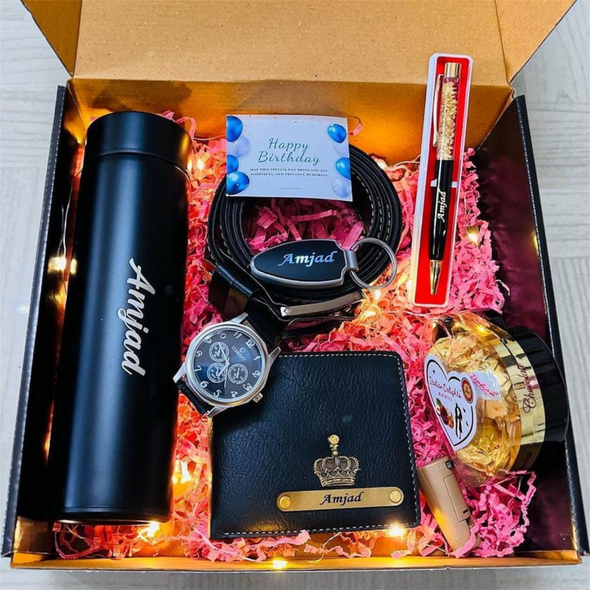 Jianora’s Luxury Personalized Gift Hamper for Him – Wallet, Watch, Belt, Bottle & Premium Essentials